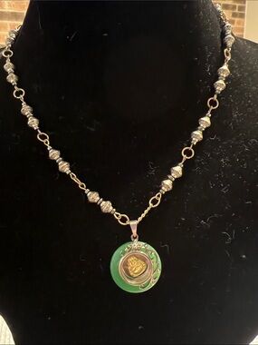 Buddha Green and Gold Pendant Necklace with Decorative Beaded Chain